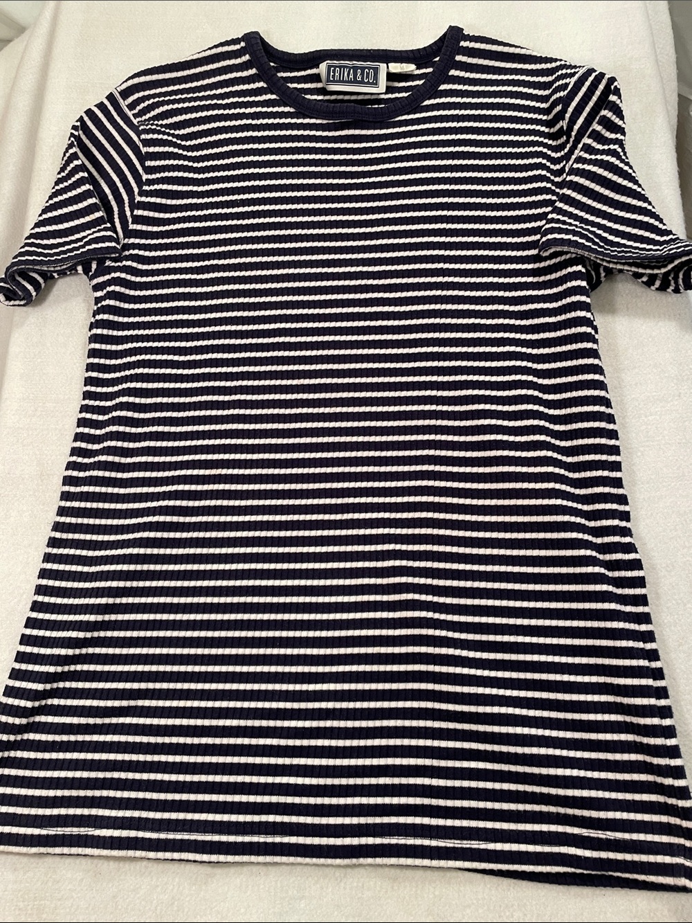 Erika & Co. Women’s Short Sleeve Striped Tee in Navy and White